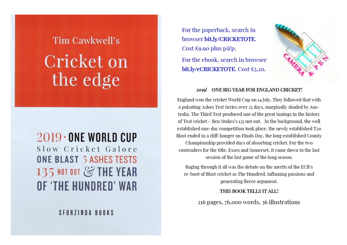 timcawkwell's tweet image. Winter of self-isolating discontent? Make it glorious summer by re-living the 2019 cricket season, which I have captured in all its excitement in CRICKET ON THE EDGE. Links: bit.ly/CRICKETOTE (paperback)    bit.ly/eCRICKETOTE (ebook). Please retweet if you can.