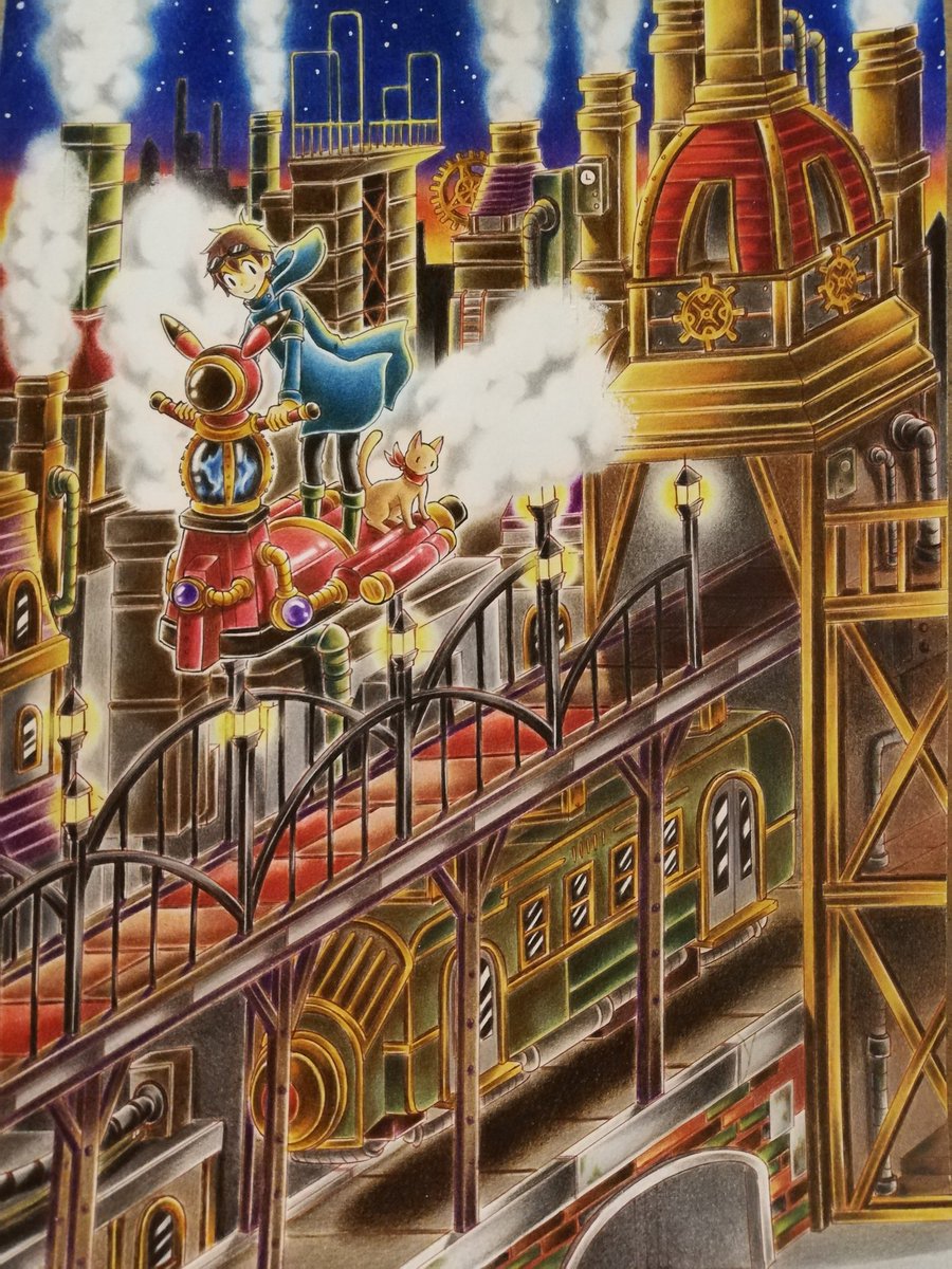 あそうはるか 水彩練習中 完成しました スチームパンク 鉄筋の世界 相変わらずめちゃくちゃ濃くなりました 乗り物ウサギがお気に入りです 色鉛筆 色鉛筆画 色鉛筆イラスト 水彩色鉛筆