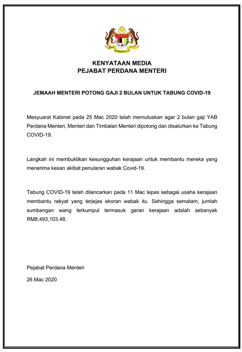 msianinsight's tweet photo. JUST IN: Malaysian Cabinet and deputy ministers to donate 2 months salary to national #Covid_19 fund, which stands at RM8.49 million now. https://t.co/iHuRlfMWiA