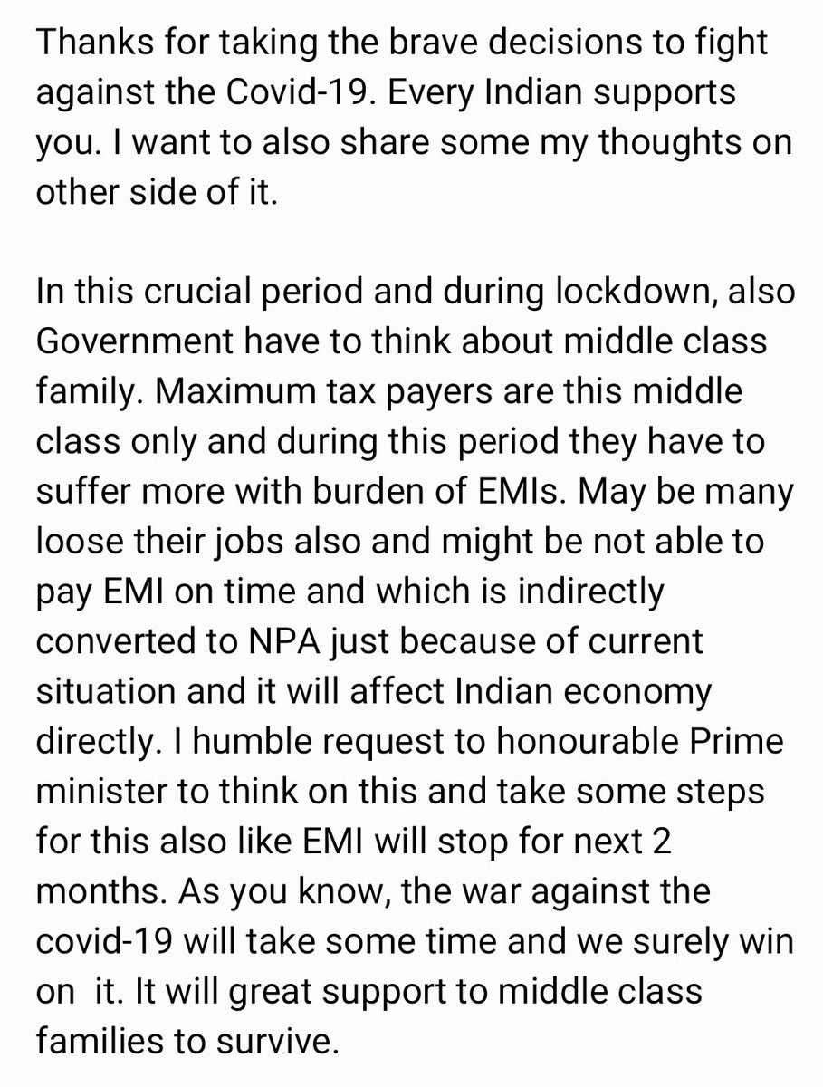 thakermitul's tweet image. @narendramodi @PMOIndia @nsitharaman
Australian Government already gave 6 months period for no EMI due to the current pandemic situation. 
#supportmiddleclass #NoEMI #lockdownindia #coronavirusindia