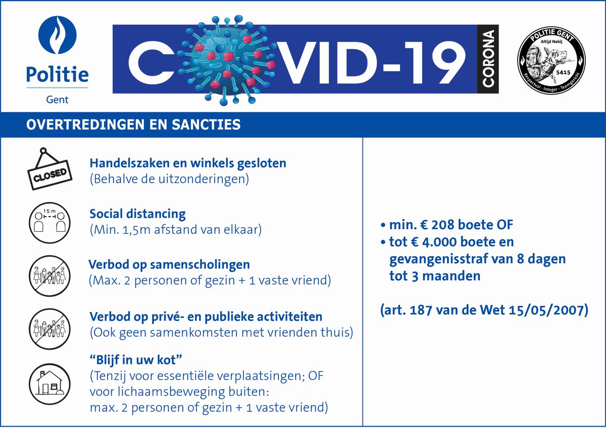 In tijden van Coronacrisis mag je al eens "spammen" met belangrijke info. Hierbij nogmaals onze (licht aangepaste) flyer met de boete die je riskeert wanneer je de maatregelen niet naleeft. Blijf in je kot! #SamenTegenCorona #VoorVeiligheidEnGezondheid