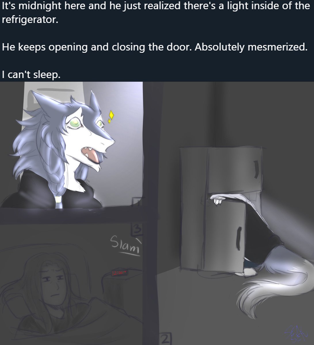 Human can't sleep because  #Sergal keeps slamming open and shut a refrigerator door, mesmerized by light.  #Vilous circa 101RC, colorizedArt by the wonderful  @Odd_Sergal !!