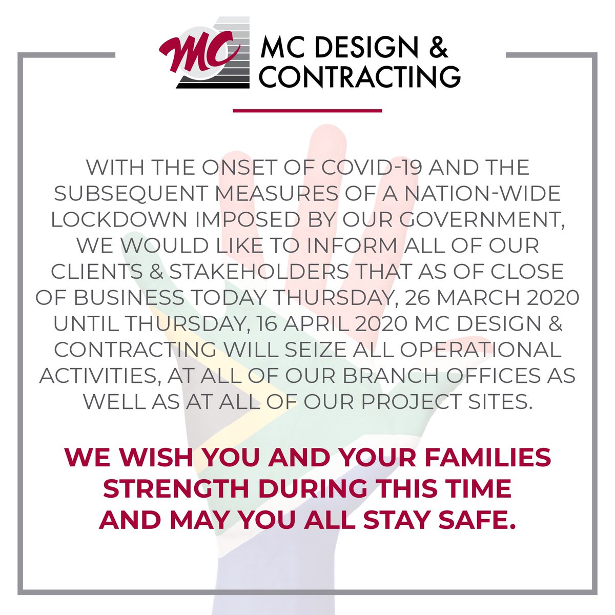 designcontract's tweet image. With the lockdown imposed by our Government, we would like to inform you all that as of close of business today 26 March 2020 until 16 April 2020 MC Design &amp;amp; Contracting will seize all operational activities. We wish you and your families strength during this time, stay safe.