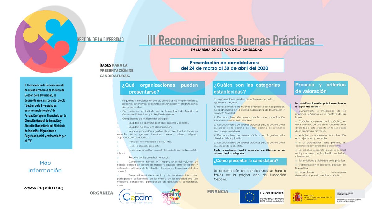 rscenaccionvlc's tweet photo. #AlertaRS: Si tu organización gestiona la #diversidad, puedes optar al 🏆Reconocimiento de Buenas Prácticas que organiza @FundacionCepaim . 
🗓️Tienes hasta el 30/04 para inscribirte
🔗https://t.co/Y4TGJ7qNpT https://t.co/jV26T39Gdf