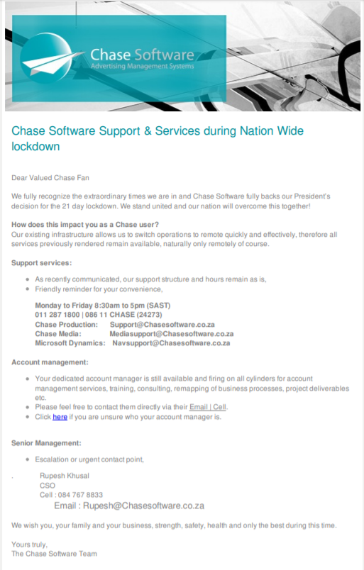 ChaseSoftware's tweet image. Important Notice: Chase Software Support &amp;amp; Services during Nation Wide lockdown.

#SAlockdown #remoteworking #businessasusual #keepsafe