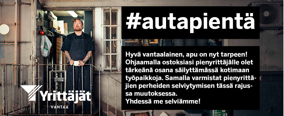 VantaanKaupunki's tweet photo. Yrittäjät, pienet ja suuret, tarvitsevat apuasi! Tsekkaa sivu alta ja #autapienta! 😀👋
#vantaa #korona #suomi #yrittäjyys #solidaarisuus https://t.co/Ukv7wodQbg