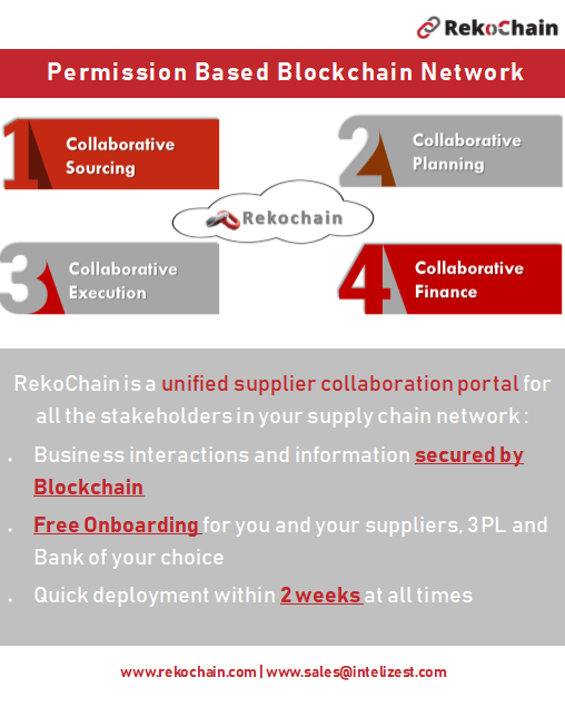 Inteli_zest's tweet photo. To secure your supply chain during this critical period, we're offering RekoChain, a supplier collaboration portal powered by #blockchain and #AI to keep you and all those on your supply chain network connected at all times. Write to us at sales@intelizest.com https://t.co/IvnKPa7z2u
