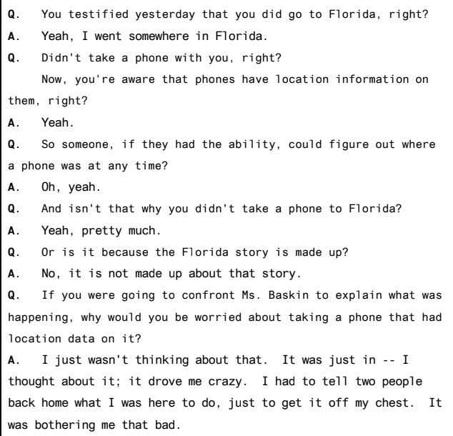 16. Joe's lawyers argued that Alan had made this up bc it's a "better story." But…is it? Or was Glover just covering his ass in case some new evidence emerged showing he had in fact been to FL. Did he go there intending to kill Carole & then just (in his words) "chicken out"?