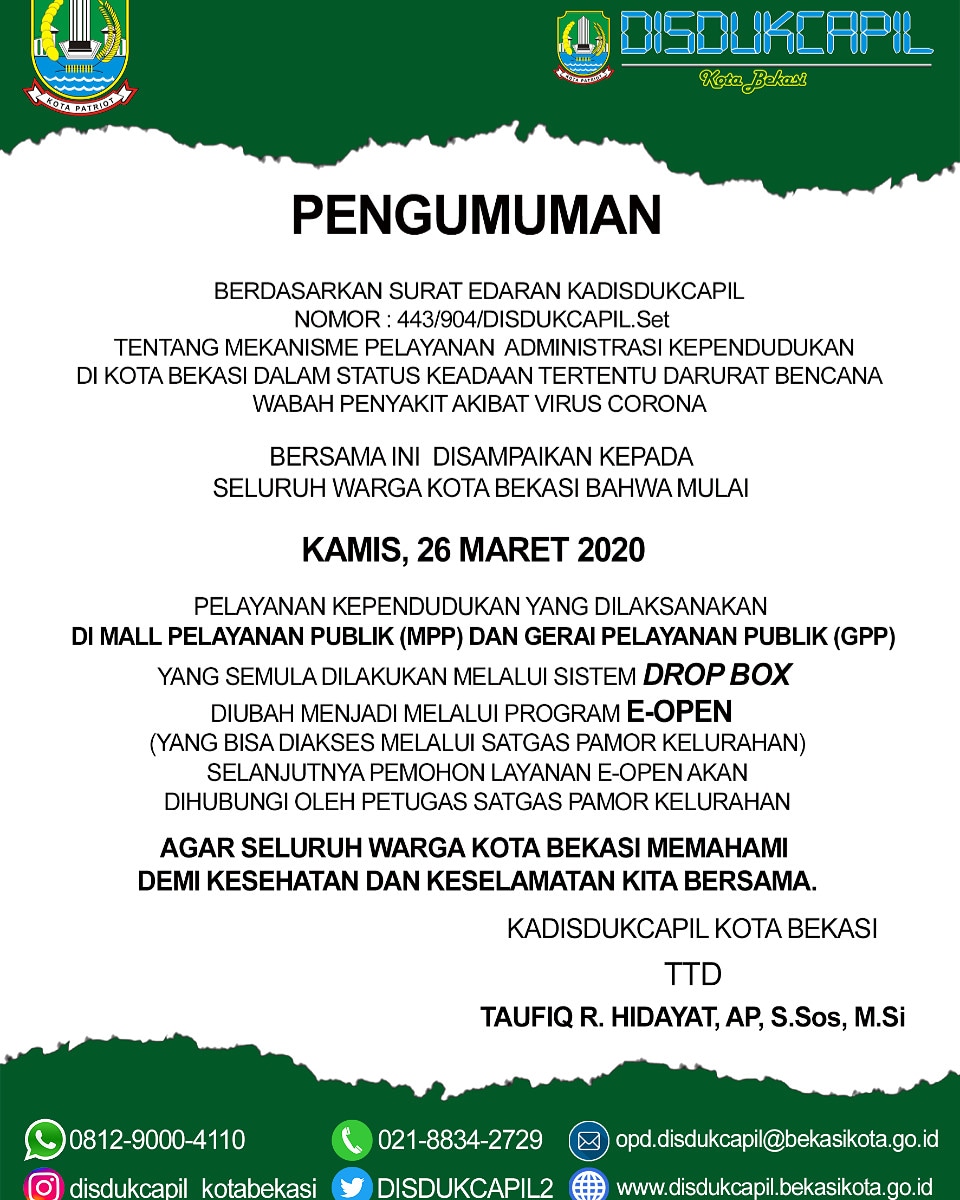 perubahan layanan adminduk di @malpelayananpublik.kotabekasi  yang semula dengan sistem Drop Box diubah menjadi melalui program e-open
<a href="/pemkotbekasi/">Pemerintah Kota Bekasi</a>
<a href="/humasbekasikota/">Humas Kota Bekasi</a>
<a href="/kotabekasikeren/">Bekasi Keren</a>
@bang_pepen2017