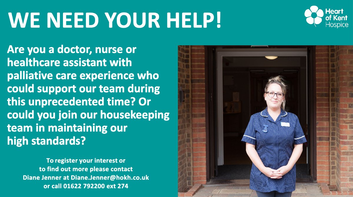 heartofkenthosp's tweet image. CAN YOU HELP? Are you a doctor, nurse or healthcare assistant with palliative care experience who could support our team during this unprecedented time? Or could you join our housekeeping team? To register your interest please contact us, details below. Please RT to share 🙌