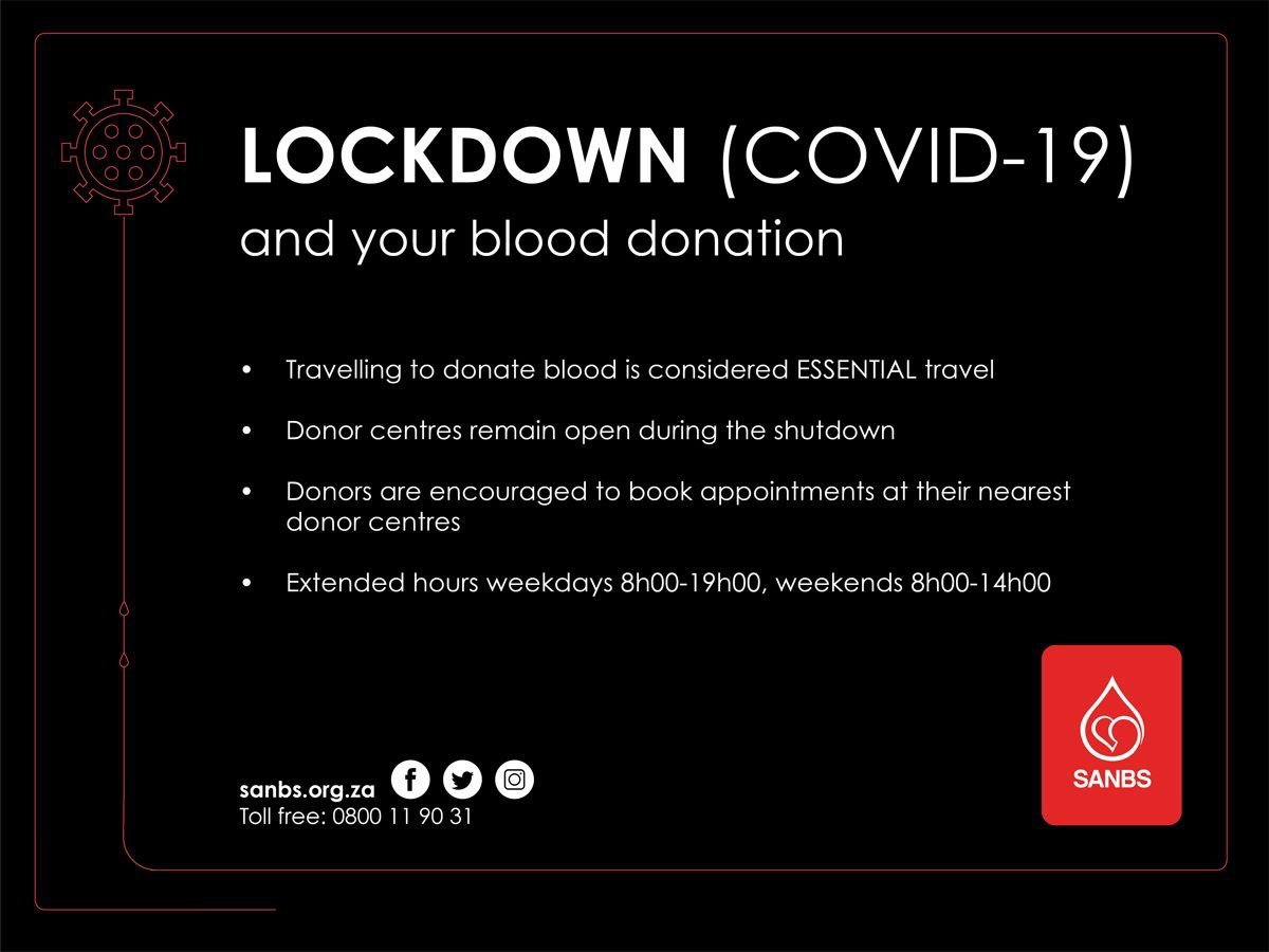 Call <a href="/theSANBS/">The SANBS</a> make an appointment to donate blood, and consider this essential travel an opportunity to leave your home.