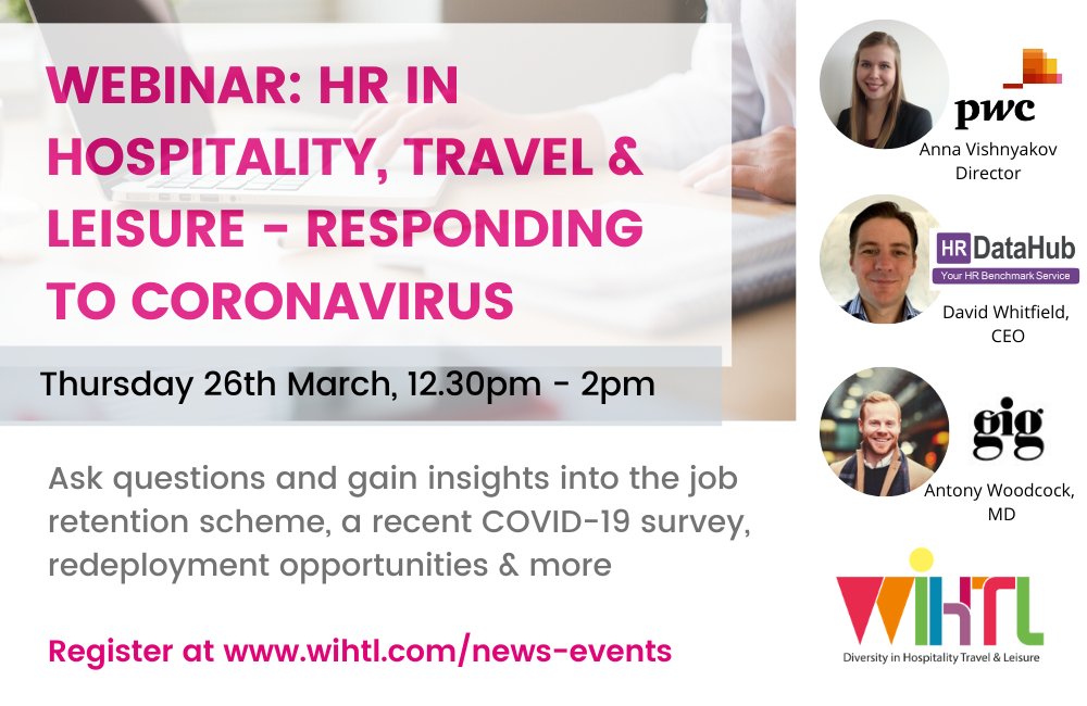 WEinHTL's tweet photo. Join today's 'HR in #hospitality #travel and #leisure - responding to #coronavirus' at 12.30pm to hear insights into the CJRS, a recent #COVID19 survey, redeployment opportunities and more. Hear from @PwC_UK @HRDataHub and @WoodcockAntony  https://t.co/yDE0ezGCxL https://t.co/4GXzTz3Srv