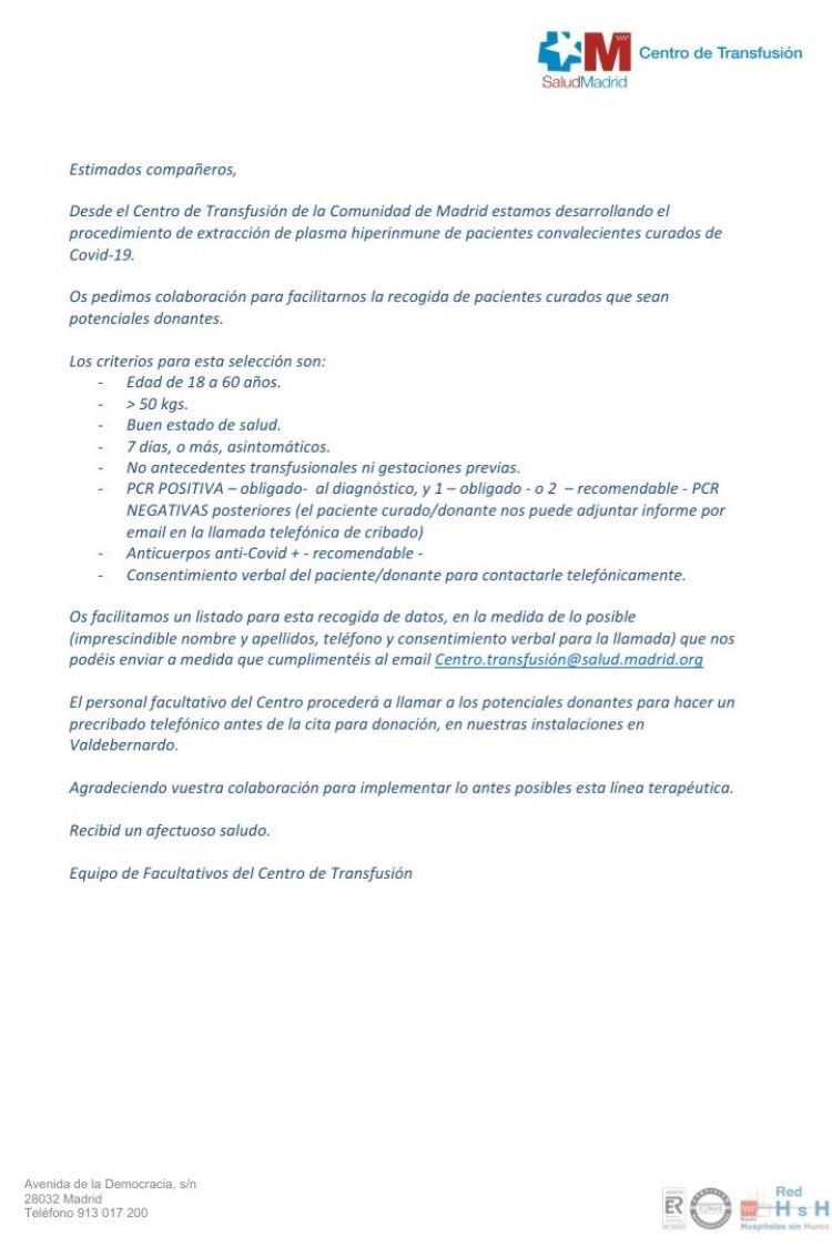 AhoraMoncloa's tweet photo. #coranavirus19 #Madrid #VoluntariosMadrid #donarsangre. https://t.co/QkCKgH5LB3
