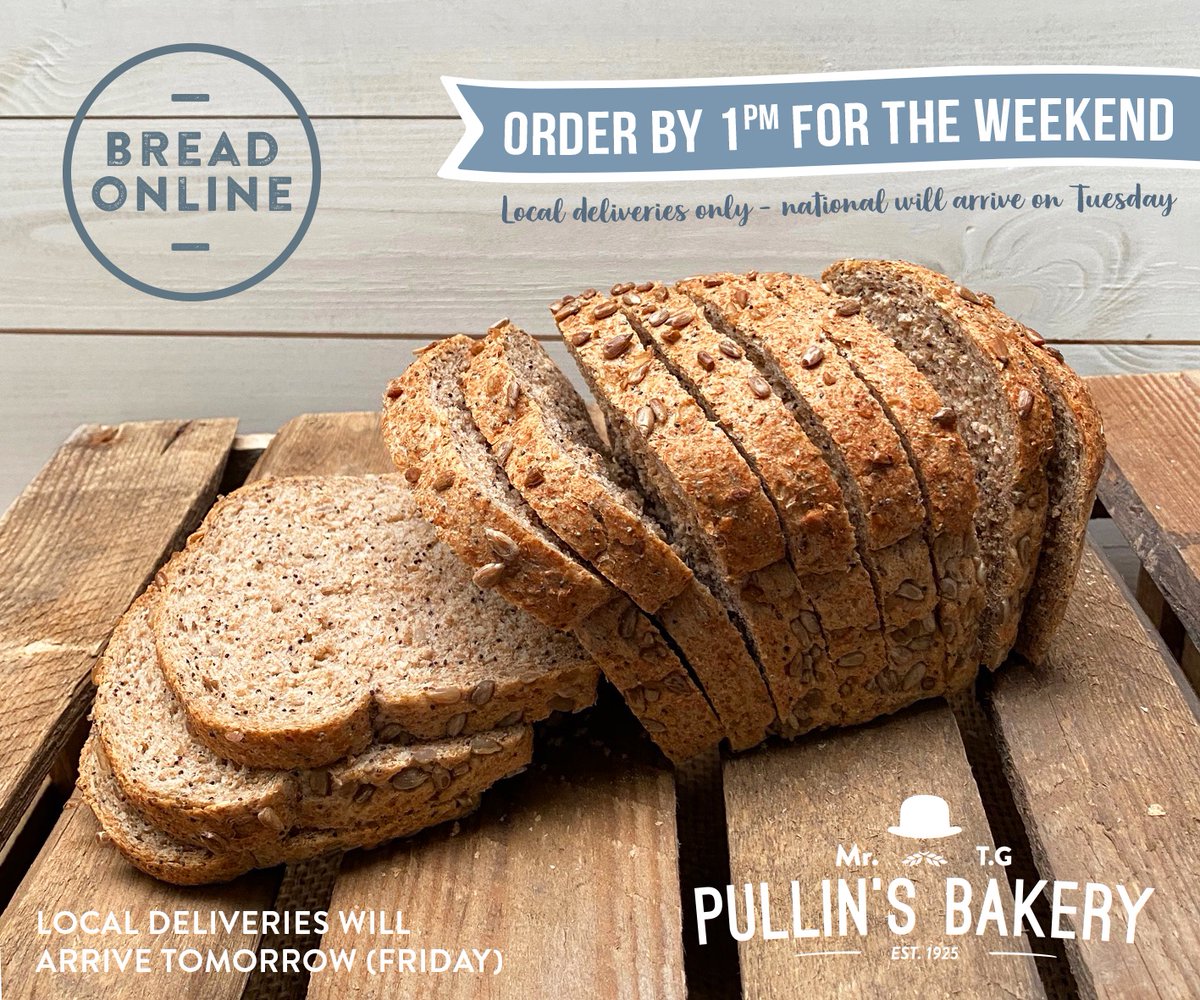 Pullins_Bakery's tweet photo. Order your bread by 1pm today for delivery tomorrow, ready for the weekend. This is for local delivery only, national bread deliveries placed today will arrive next Tuesday. https://t.co/aQsaUdGuFs

#breadonline #yatton #clevedon #nailsea #portishead https://t.co/s2zykFMODO