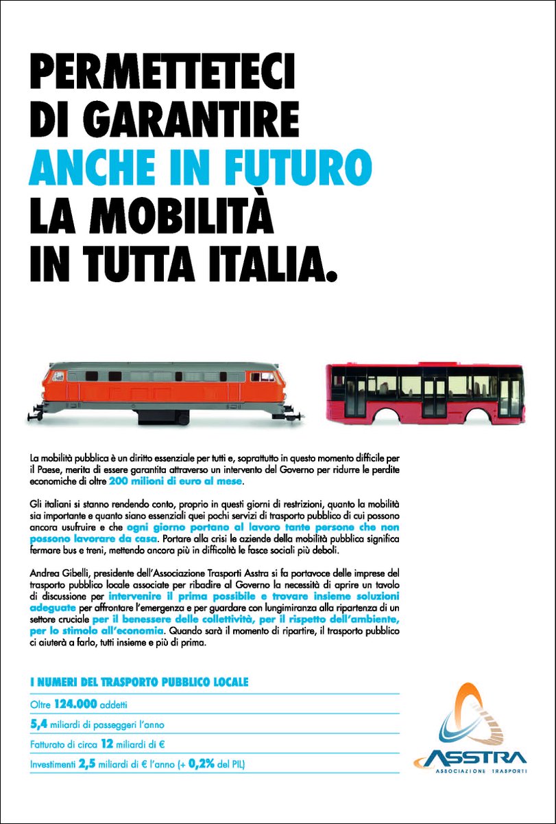 Andrea Gibelli, presidente ASSTRA, si fa portavoce delle imprese di #TPL associate per ribadire al Governo la necessità di aprire un tavolo di discussione per intervenire  e trovare insieme soluzioni adeguate per affrontare l'emergenza e sostenere il settore