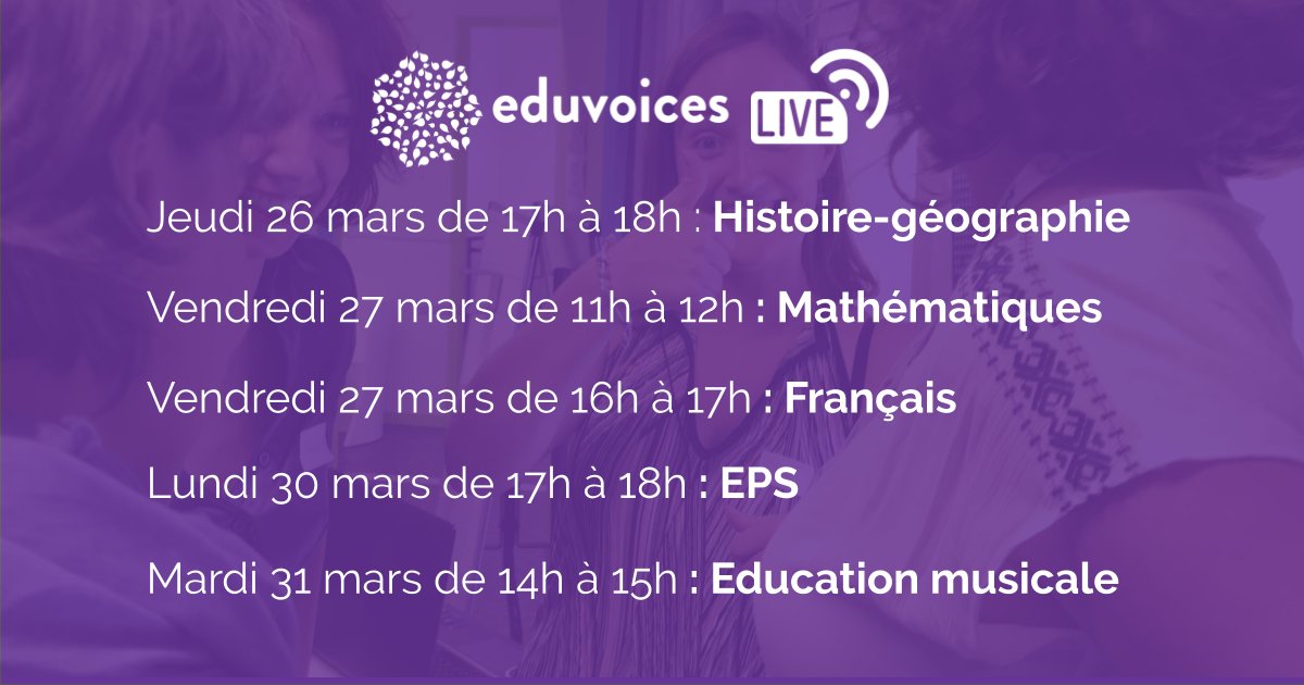 #ContinuitePedagogique 
Prochains échanges de pratiques pédagogiques en ligne 🆓
🗺 Histoire géo 👉 bit.ly/eduvoices-dlc3
🔢 Math 👉 bit.ly/eduvoices-dlc4
🇫🇷 Français  👉 bit.ly/eduvoices-dlc5
🏃🏻‍♂️EPS 👉 bit.ly/eduvoices-dlc6
🎶EdMus 👉 bit.ly/eduvoices-dlc7