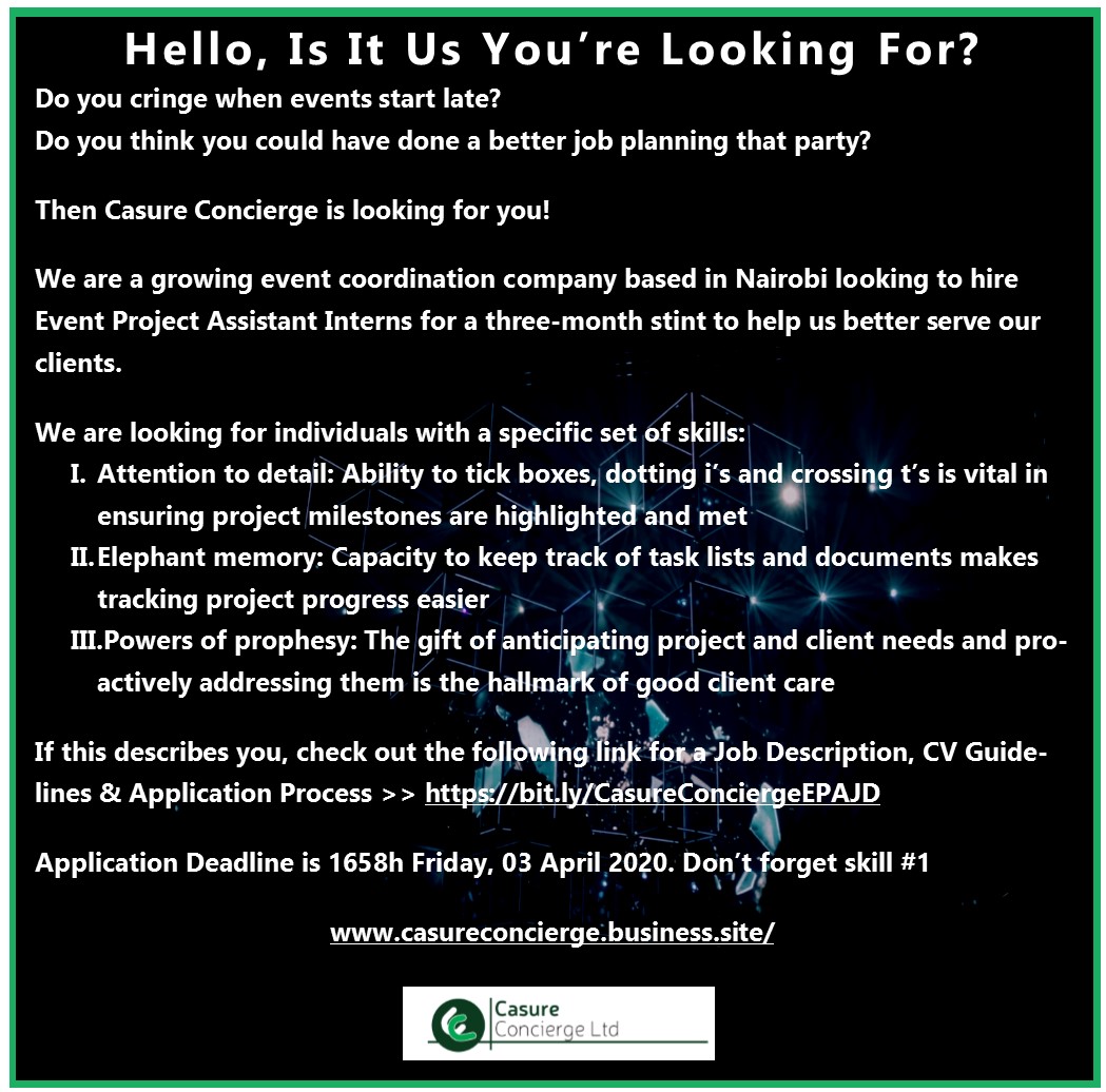 CasureConcierge's tweet photo. #EventCoordination is about managing chaos. We hope you enjoy the process and are looking to kickstart your career with this exciting #EventInternship.

Check out https://t.co/bWTo8hTKaX for details of Job Description, CV Guidelines and &amp; Application procedure. #CasureEvents https://t.co/nEPxa0noAM