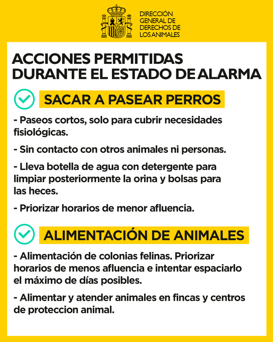 policia's tweet photo. Por favor, RT

Estas son las acciones permitidas durante el estado de alarma respecto a sacar a pasear perros y alimentación de otros animales

#EsteVirusLoParamosUnidos #WeLoveAnimals #COVIDー19 https://t.co/sQ4L0D3SD9