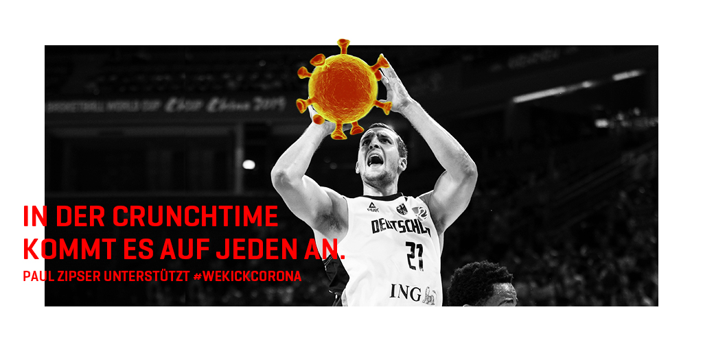 wekickcorona's tweet photo. Wenn es um die gute Sache geht ist es egal welchen Ball du spielst. 
Deshalb begrüßen wir heute den ersten Basketballer im Team #WeKickCorona: 
Du bist der größte, Paul Zipser.

Mitmachen! 👉 https://t.co/ZGcbj1LPnY https://t.co/UQXXomB9mB