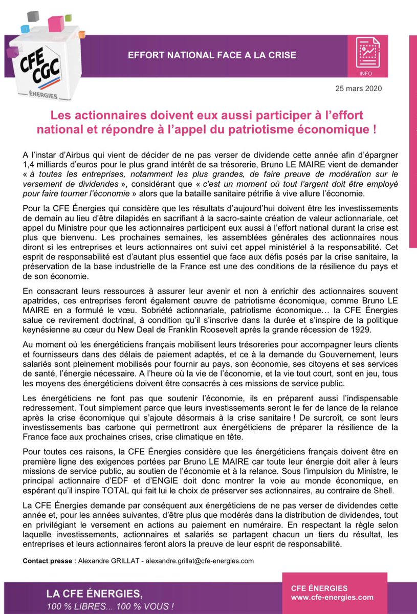 CFECGC's tweet photo. Les actionnaires doivent eux aussi participer à l’effort national… 
La @cfecgcenergies demande aux énergéticiens de ne pas verser de dividendes cette année et, pour les années suivantes, d’être plus que modérés dans leur distribution.

#Crise #RSE #gouvernance https://t.co/fpfMXoQvQY