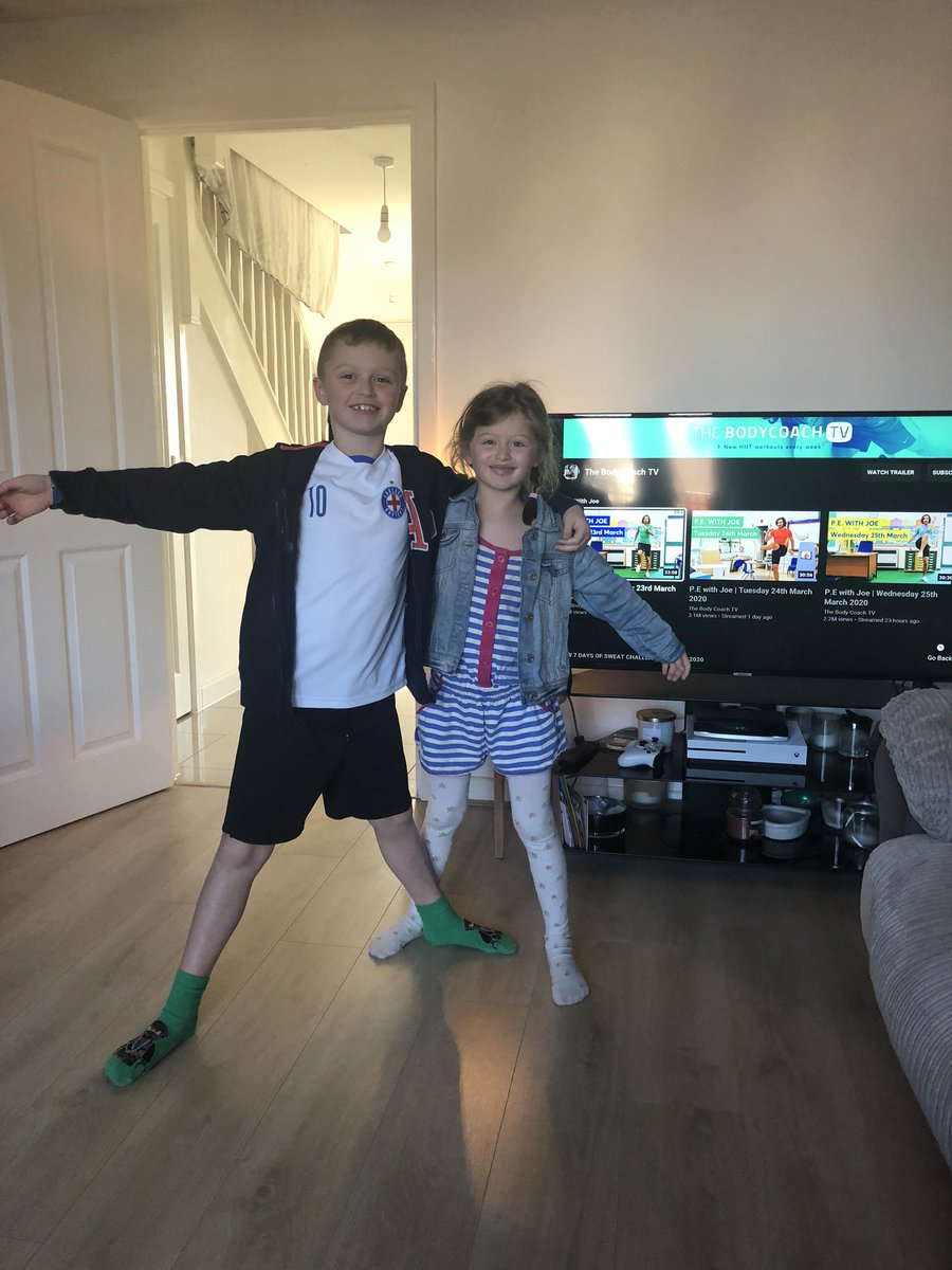 Oscar and Emily eagerly awaiting their morning <a href="/thebodycoach/">Joe Wicks</a> workout !! Feeling STRONG 💪🔥🔥🔥 #P.T.withJoe #thebodycoach