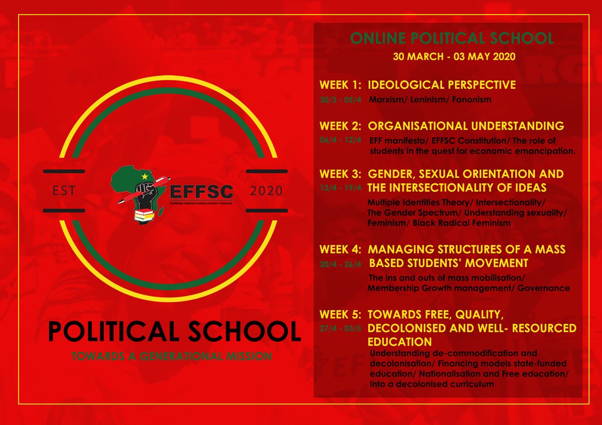 EFFYouthCommand's tweet photo. All are invited to partake in this 5 week project of capacity development. For what is a students movement, without deliberate learning?

The responsibility of a revolutionary is to be educated.

More details to follow

#EFFSCOnlinePoliticalSchool
#EFFSCPoliticalSchool https://t.co/7gRrFAEO1W