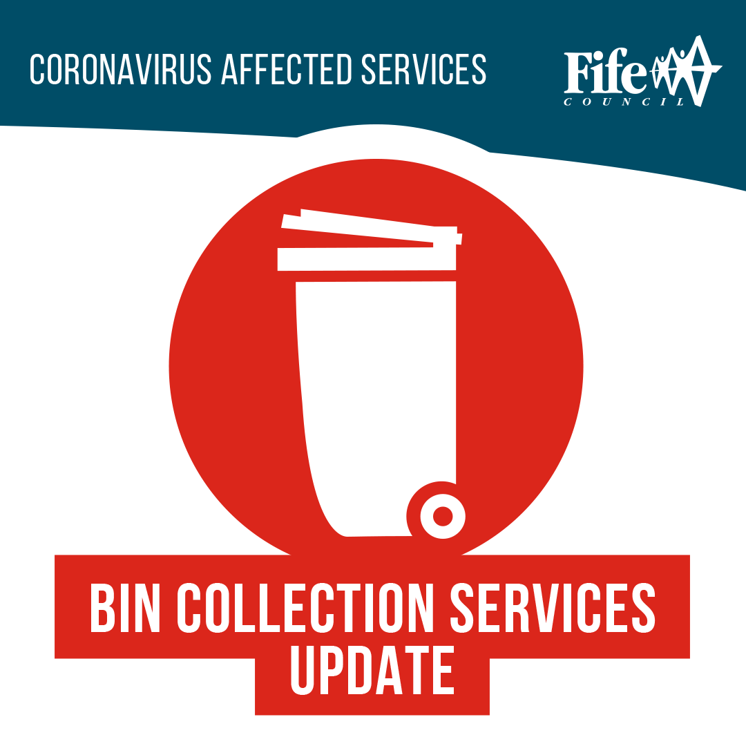 FifeCouncil's tweet photo. Due to reduced staffing levels as a result of COVID-19 we're concentrating on emptying landfill and food/garden waste bins. There may be disruption to some plastic/can and paper/card routes. For the latest updates on service disruptions please go to https://t.co/g4uorpPG3D https://t.co/ebEyDanfZU