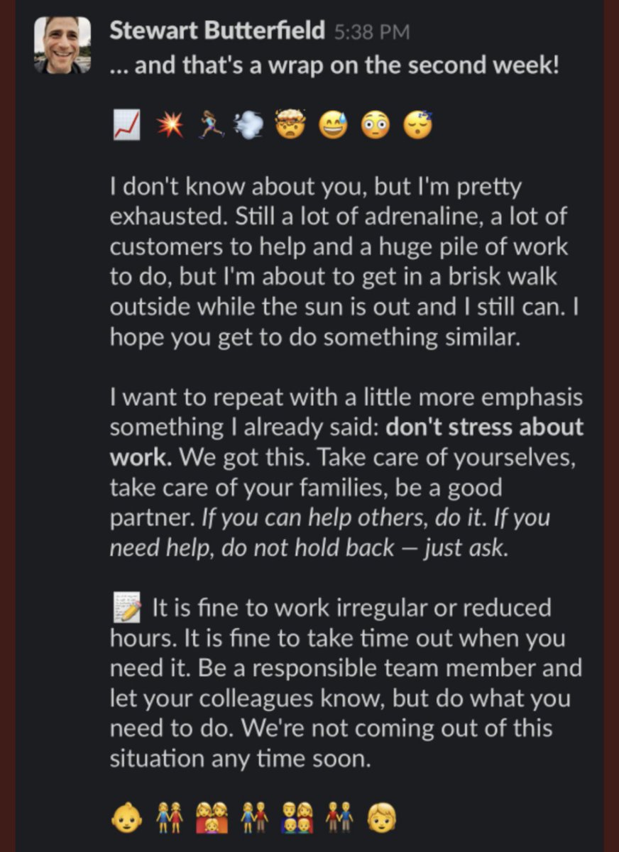 bajoelbillete's tweet photo. Las palabras que mandó el CEO de @SlackHQ a toda su plantilla cuando los mandó a teletrabajar. Impecable. Ahí cosas ahí que no se aprenden en un MBA o cursos sobre liderazgo. https://t.co/v6xY6pDEep