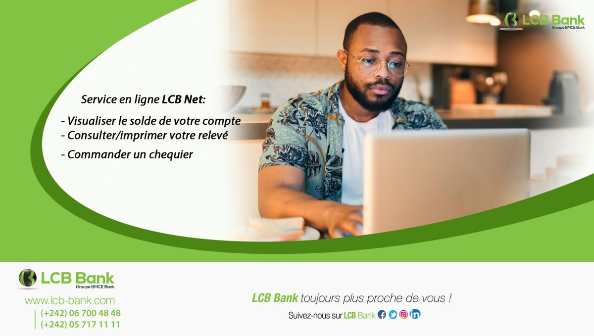 LCBBank_CG's tweet photo. Rendez-vous dans une agence LCB Bank et souscrivez à notre service en ligne LCB Net pour accéder à votre compte bancaire où vous voulez et quand vous le souhaitez.
LCB Bank, toujours plus proche de vous.
#LCBBank #LCBNet #Banque #Congo https://t.co/vlyD9XsNrU