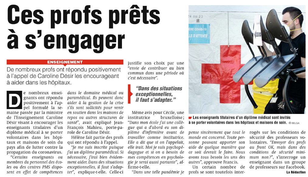 Je salue l'exemplarité de ces enseignants qui, sur base volontaire, ont répondu à l'appel de la Ministre de l'Education <a href="/CarolineDesir/">CarolineDesir</a> les encourageant à venir en aide aux hôpitaux et maisons de soin afin de lutter contre la propagation du covid-19 ❌