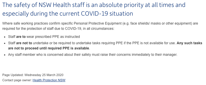 Fun fact: <a href="/NSWHealth/">NSW Health</a> does not permit staff to perform care that require #PPE if they don't HAVE that #PPE. Now might be a really good time to bring back any "borrowed" masks, gloves and gowns, in case you get sick and need to come to hospital... health.nsw.gov.au/Infectious/cov… #COVID19au