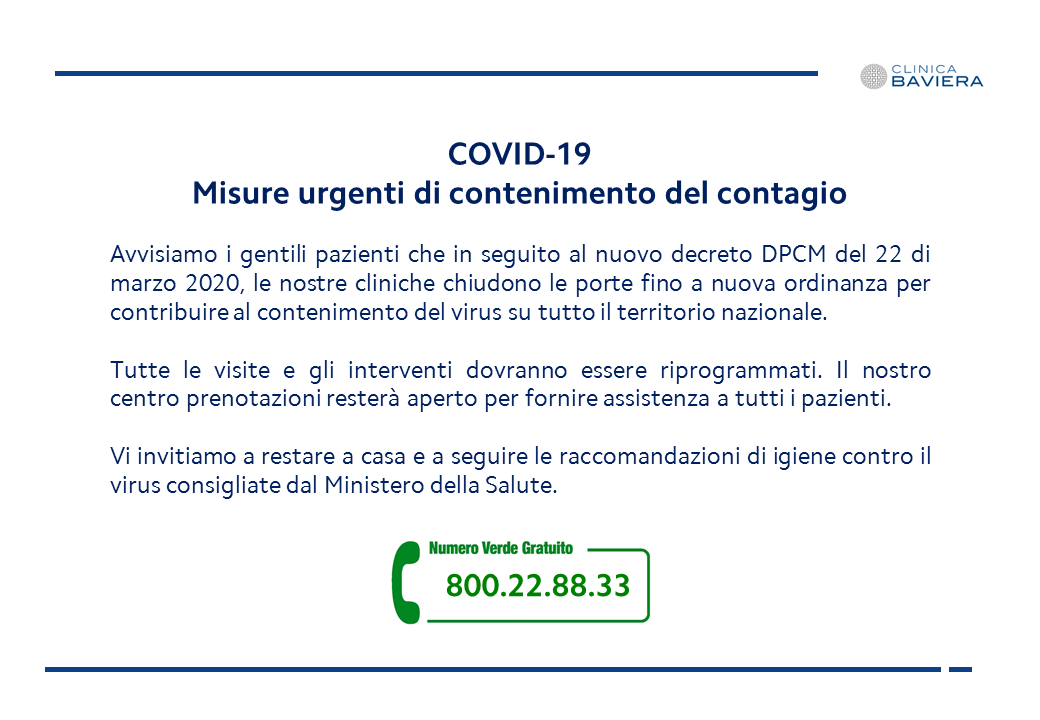 BavieraItalia's tweet photo. #Covid19: Misure urgenti di contenimento del contagio
Avvisiamo i gentili pazienti che in seguito al nuovo decreto DPCM del 22 di marzo 2020, le nostre cliniche chiudono le porte fino a nuova ordinanza per contribuire al contenimento del virus.  #iorestoacasa https://t.co/ueTXPrRs4v