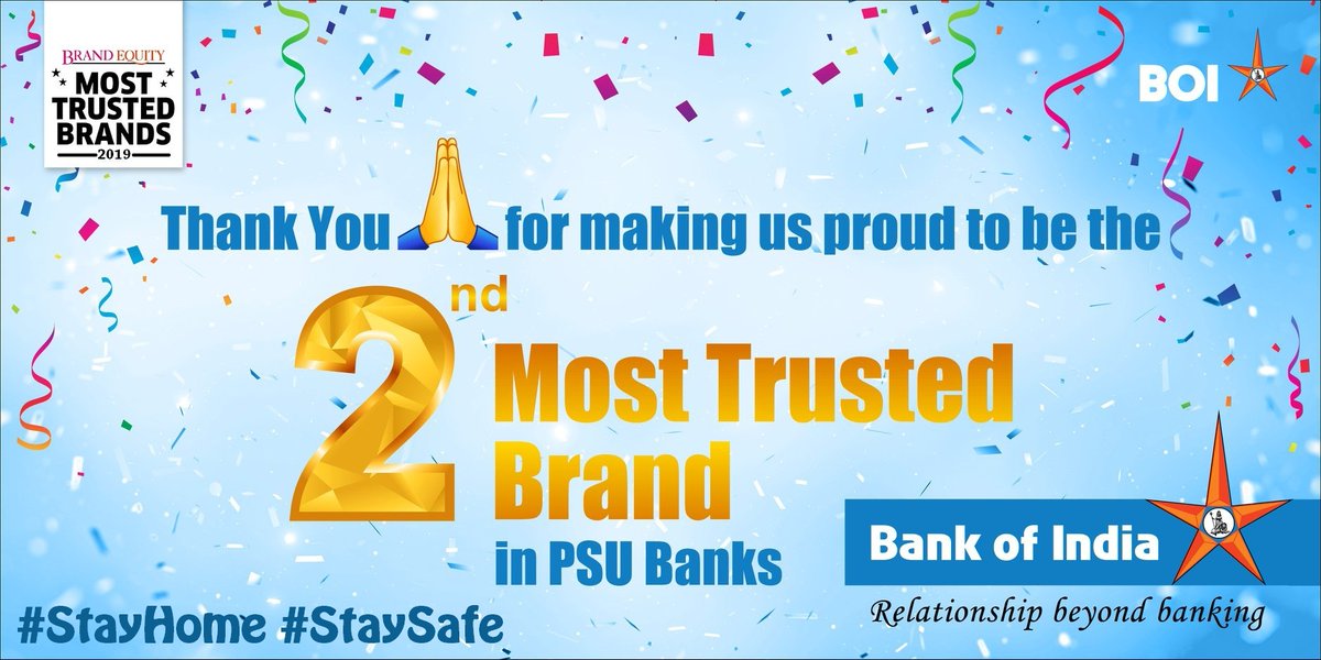 BankofIndia_IN's tweet photo. #CustomersTrust is our #BiggestStrength
As per Economic Times Survey @BankofIndia_IN is #2ndMOST_TRUSTED_BRAND under Public Sector Banks. #Thanks to all #OurPatrons & #Stakeholders for having that trust in us. https://t.co/v1Vl5tsAId