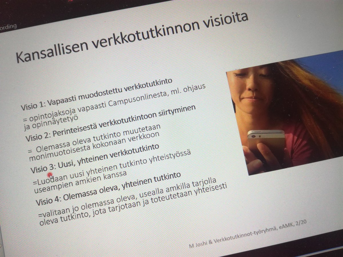 MKopeli's tweet photo. Verkkotutkintojen visiointia. Eka ei vielä toteudu, mutta voi olla tulevaisuuden malli #eAMK https://t.co/TlIAU7NaNK