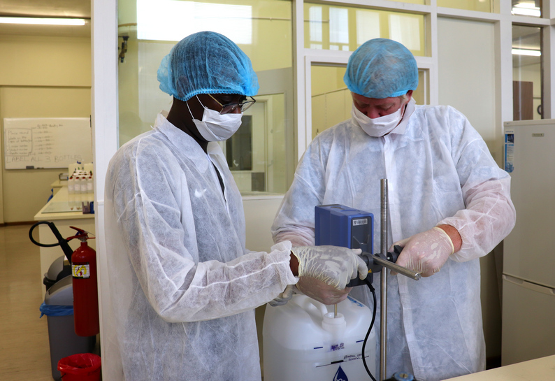 Prof Rod Walker and his Pharmacy students are manufacturing sanitiser, according to the <a href="/WHO/">World Health Organization (WHO)</a> formula, for the University community and the Province to help fight the spread of #COVID2019.