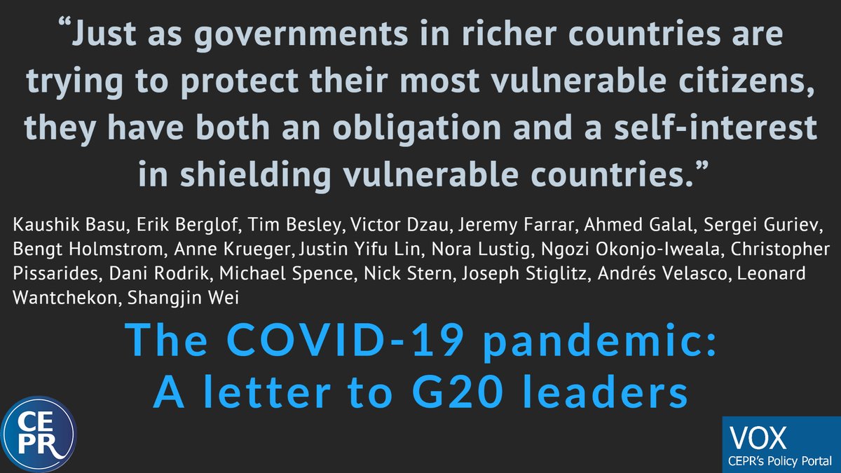 voxeu's tweet photo. @kaushikcbasu @ErikBerglof T #Besley @VictorDzau @JeremyFarrar @AMAGalal @sguriev B #Holmstrom  @anneokrueger J Yifu Lin @noralustig @NOIweala C #Pissarides @rodrikdani @amspence98 @lordstern1 @JosephEStiglitz @AndresVelasco @lwantchekon Shangjin Wei
https://t.co/mWeLKo2BQr https://t.co/0sTG9FZLuB