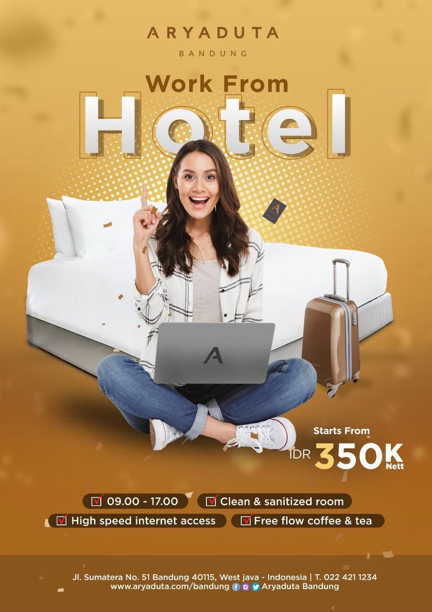 Mencari tempat bekerja yang nyaman, bersih &amp; tersanitasi dengan baik?

Aryaduta membuka kesempatan kepada para pekerja tangguh untuk #WorkFromHotel. Dengan harga mulai dari Rp.350K, nikmati kenyamanan bekerja di hotel  ✨

Untuk detail bisa kontak kita langsung ya
0224211234 🙏