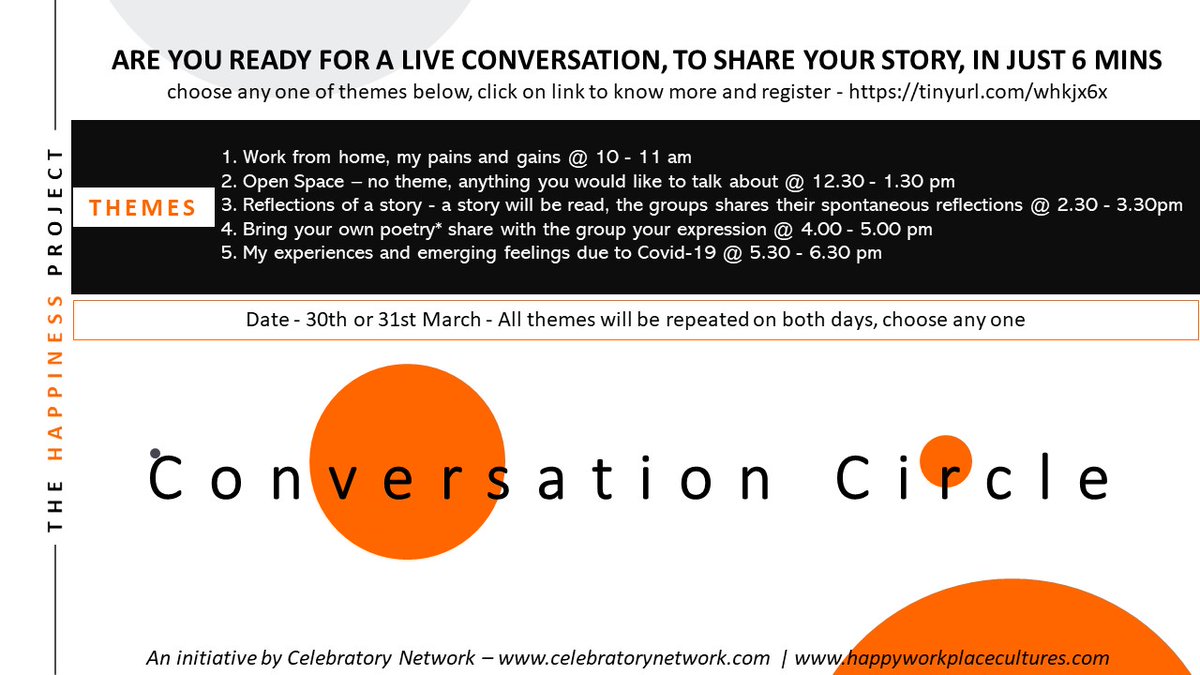 This is the time to share your story. Here's the link for the same tinyurl.com/whkjx6x

#conversation #WorkFromHome #webinar #happiness #conversationcircle #wellbeing #wellbeingatwork