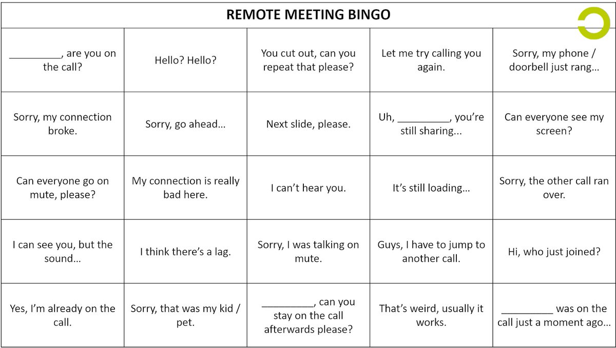 Getting frustrated with your #remote #meetings these days? Our Meeting Bingo can bring a little fun and action to your day. 😉
However, for more long-term joy, you’re better off thinking about how they can be well prepared and conducted to limit distractions.

#workfromhome