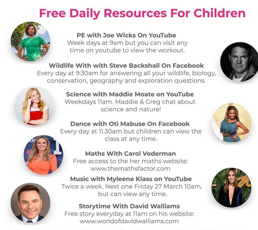 HoylakeHolyTrin's tweet photo. Keep busy with all of these brilliant free daily resources! #HomeschoolinguK #HomeLearningUK #JoeWicksPE #SteveBackshallWildlifeChat #ScienceAtHome #Dance #MathsEveryoneCanAtHome #music @OtiMabuse @thebodycoach @SteveBackshall @carolvorders @KlassMyleene @maddiemoate https://t.co/6assEgo0hn