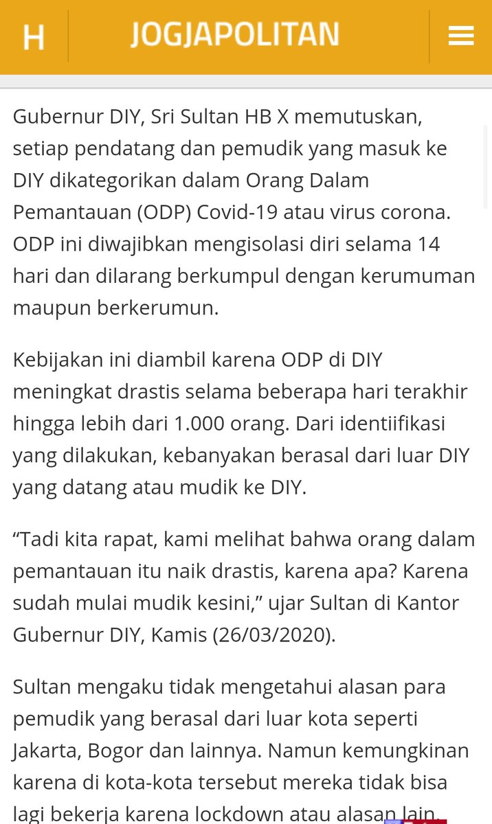 JogjaUpdate's tweet photo. Harian Jogja:

Pemudik yang datang ke Jogja masuk kategori ODP.
Wajib isolasi mandiri. https://t.co/KTw11d5MKT