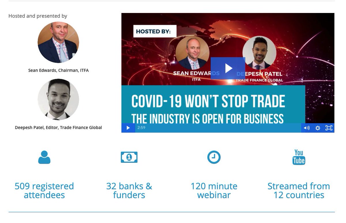 tradefinglobal's tweet photo. We've launched our #covid19 hub following on from our #tradecast yesterday. Hear from global experts in trade finance, fintech, credit insurance and a legal perspective on the impact of coronavirus on supply chains, insurance and global trade. https://t.co/JTV8qrjdaf https://t.co/P5znuKUyR4