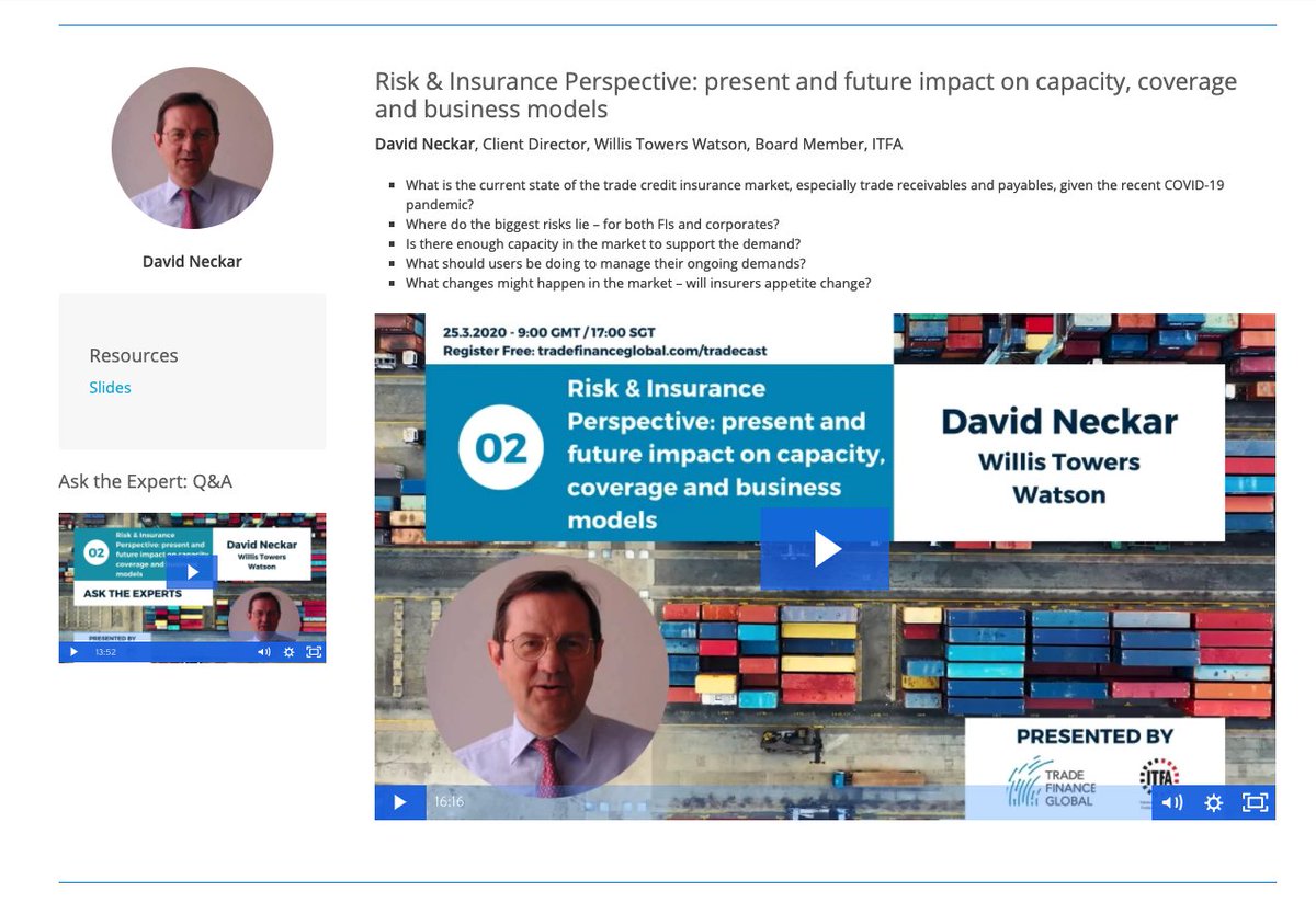 tradefinglobal's tweet photo. We've launched our #covid19 hub following on from our #tradecast yesterday. Hear from global experts in trade finance, fintech, credit insurance and a legal perspective on the impact of coronavirus on supply chains, insurance and global trade. https://t.co/JTV8qrjdaf https://t.co/P5znuKUyR4