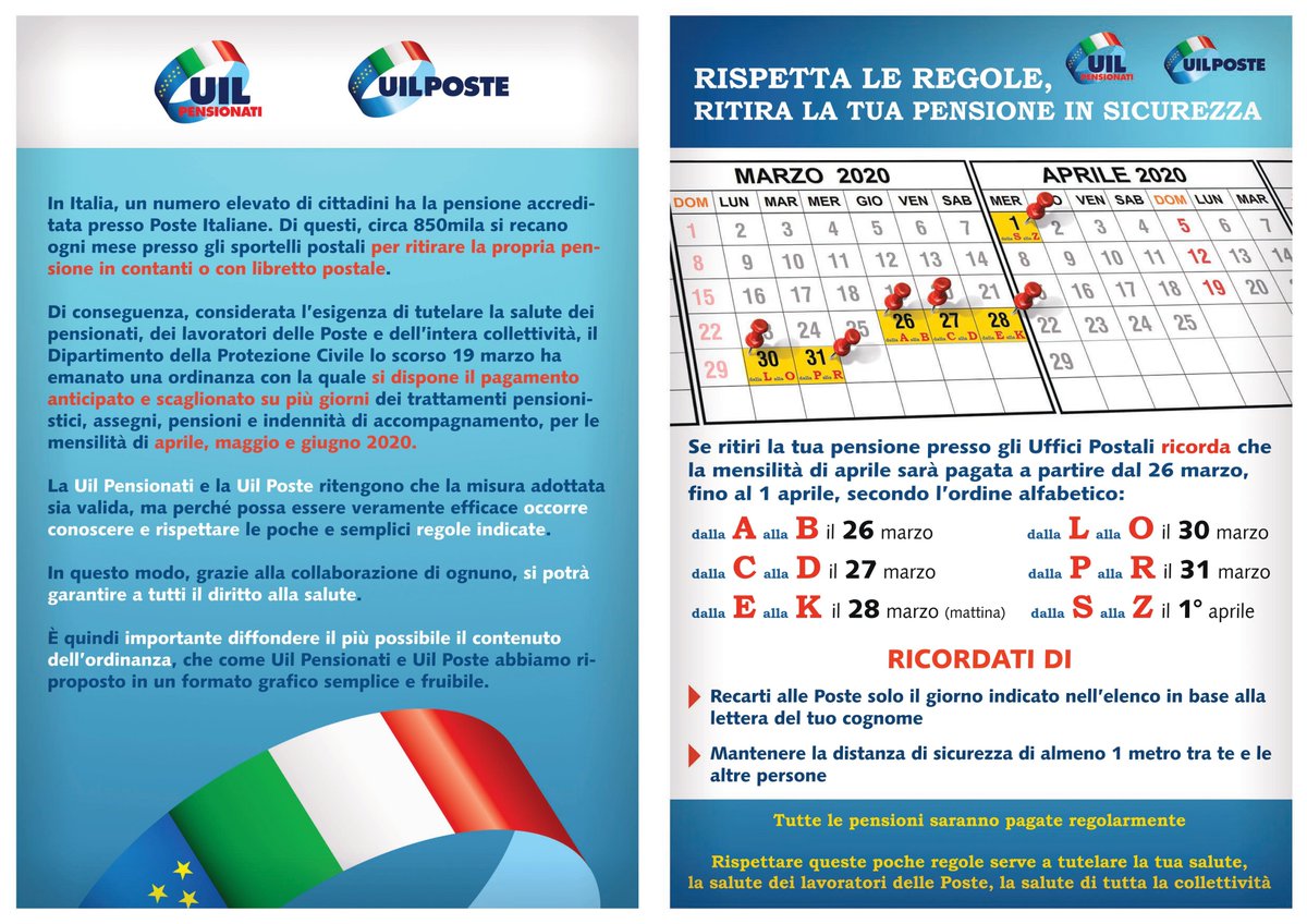 Calendario per il pagamento delle pensioni.
Rispettare le regole per tutelare la salute e la sicurezza della collettività.
<a href="/UILofficial/">Uil Nazionale</a> 
#UILpensionati  #UILposte