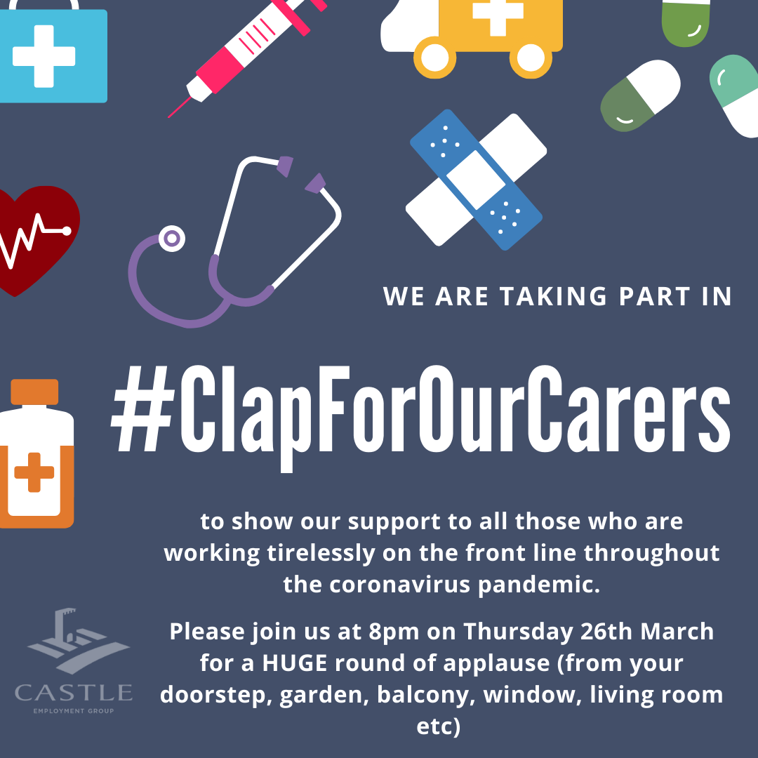 CastleHRLaw's tweet photo. On 26th March at 8pm, please join us in giving all of the front line workers a massive round of applause to show our appreciation for their hard work 👏👏 #ThankYouNHS #ClapForOurCarers
@yorkshirepost @YorksCoastRadio @CIPD_NYorks @HRGrapevine https://t.co/wWrCEpJCEC