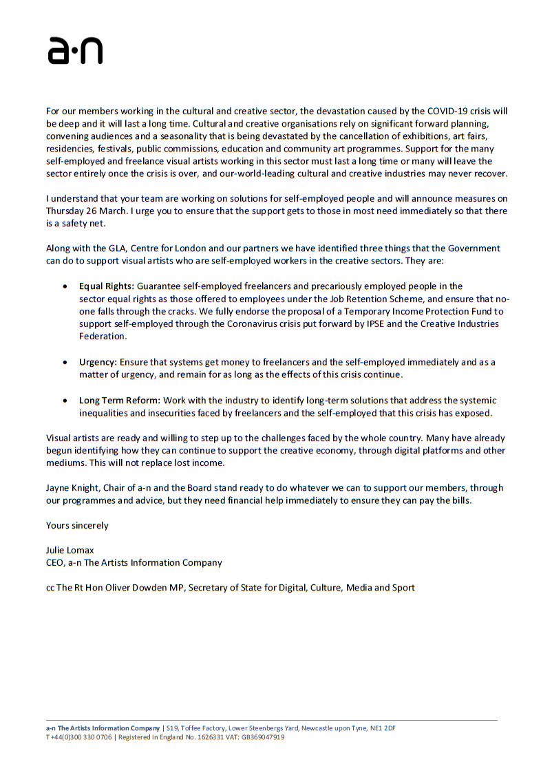 an_artnews's tweet image. a-n’s CEO @JulieLomax wrote to the Chancellor @RishiSunak and @DCMS asking for a fair and fast solution to support self-employed and freelance visual artists
#SelfEmployedMatterToo #payingartists