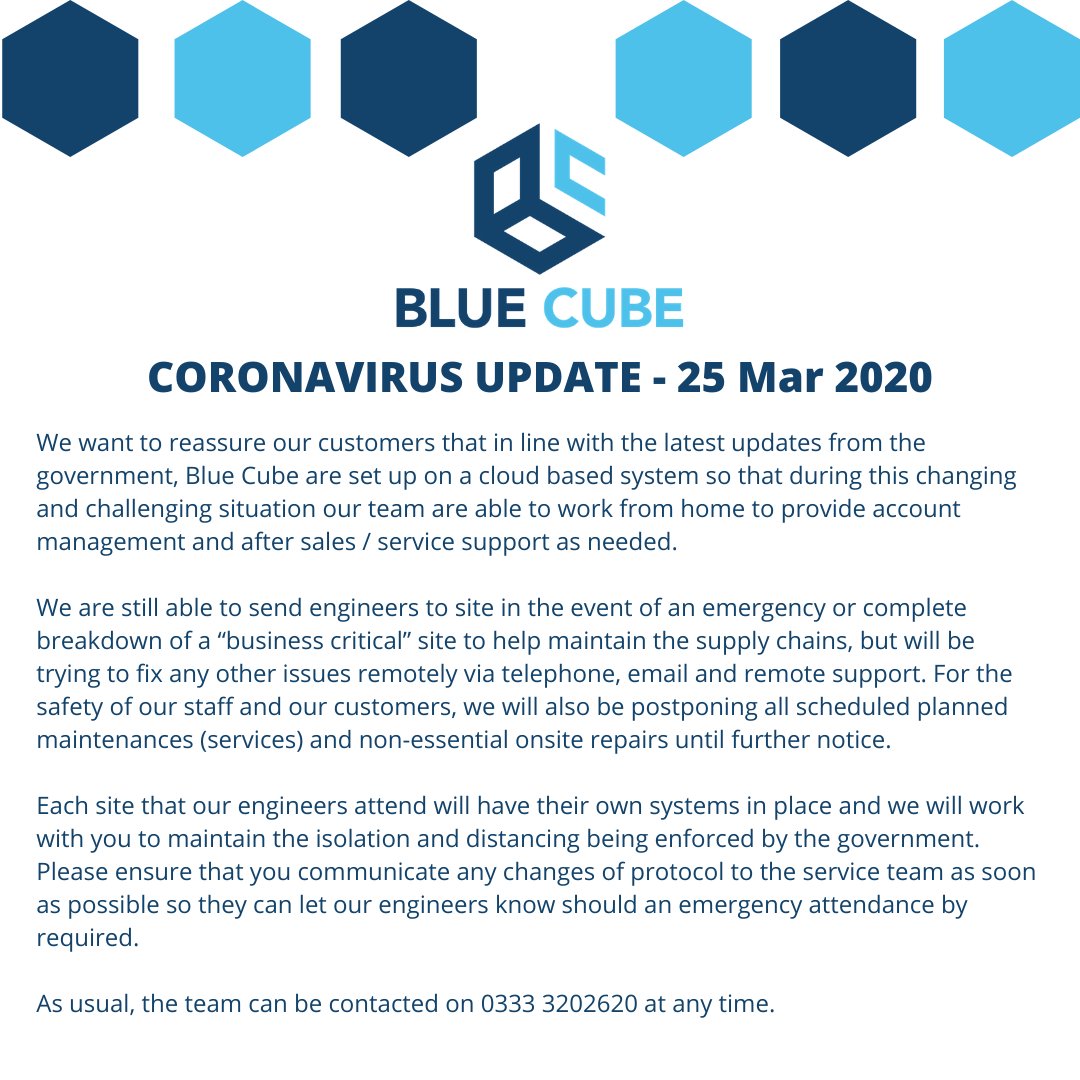 bluecubepcs's tweet photo. Please see below Blue Cube's latest update regarding COVID 19

#BlueCube #COVID19 #BlastFreezing #TemperatureControlledStorage #BlastChill #Tempering #FoodIndustry #Logisitics #Pharmaceuticals #Manufacturing  #RemoteIntelligence #RemoteWorking #RemoteFixes #StaySafe https://t.co/DVHM2lhUy0