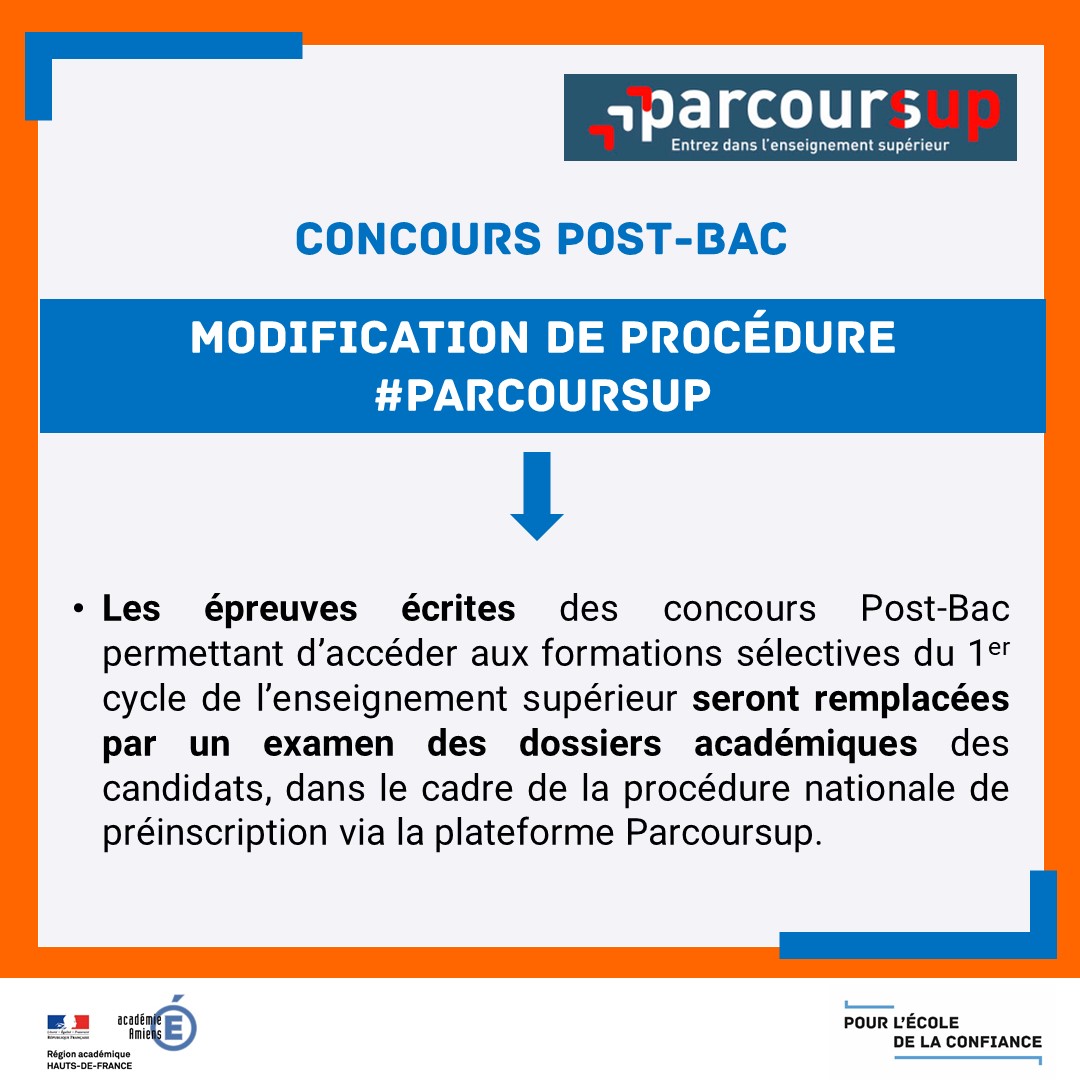 AcAmiens's tweet photo. Vous êtes concerné par les concours et examens nationaux cette année, prenez connaissance des reports et modifications prévues par le @gouvernementFR #postbac #postprepa #paces @EducationFrance @parcoursup_info @sup_recherche @VieLyceenne https://t.co/9Q5WAFt87E