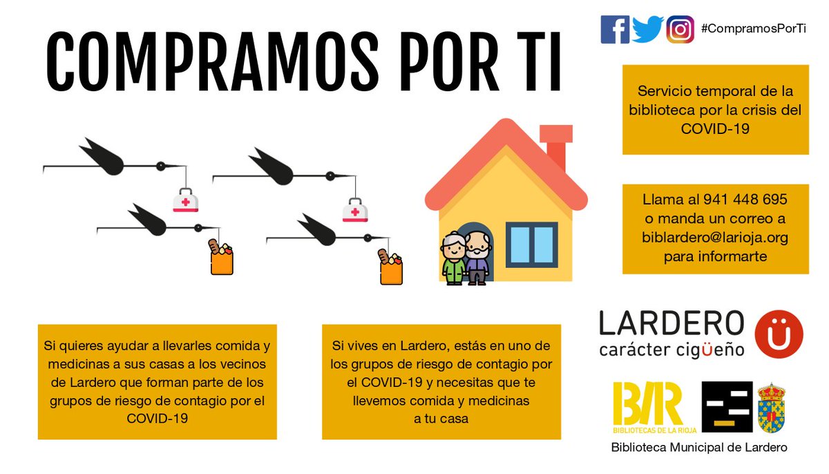 biblardero's tweet image. El Congreso prorroga el estado de alarma hasta el 12 de abril y nosotros hacemos lo mismo con nuestro servicio #CompramosPorTi.
Si eres población de riesgo, ponte en contacto con nosotros y te llevaremos la compra o las medicinas a casa.
ℹ️ 941 448 695 y biblardero@larioja.org