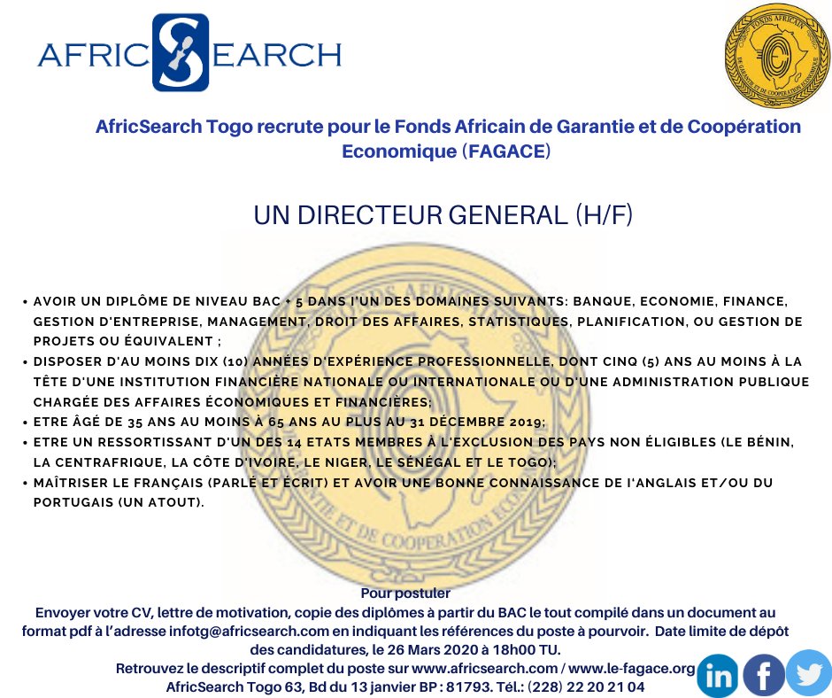 #AfricsearchTogo #recrutement #emploi #DirecteurGénéral #Manager #BurkinaFaso #Cameroun #CongoBrazzaville #GuinéeBissau #Mali #Mauritanie #Rwanda #Tchad

Jour-J 

Africsearch recrute un Directeur Général pour le FAGACE

retrouvez les détails sur ce lien

lnkd.in/dR4rmwa